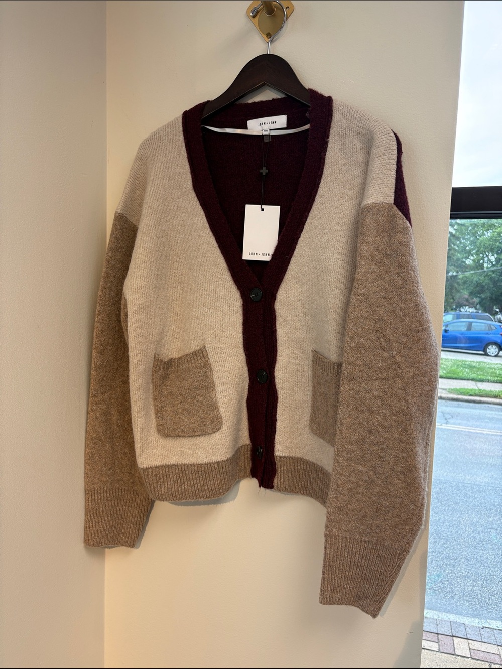 John + Jenn Colorblock V-Neck Cardigan in Cream, Tan & Burgundy